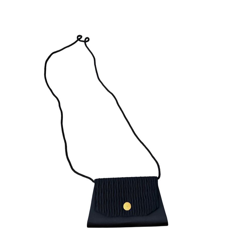 Panache Pleated Crossbody Bag Rope Strap Circular Gold Button Black